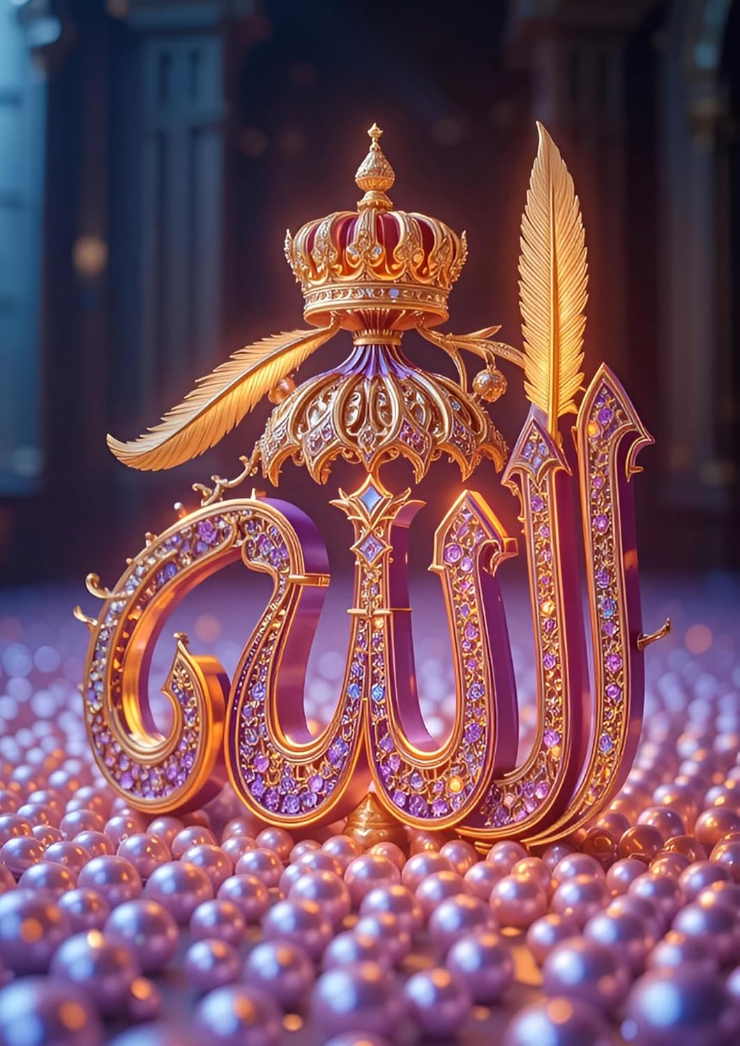 Decorative item with 'Allah' in gold and purple on a dark background