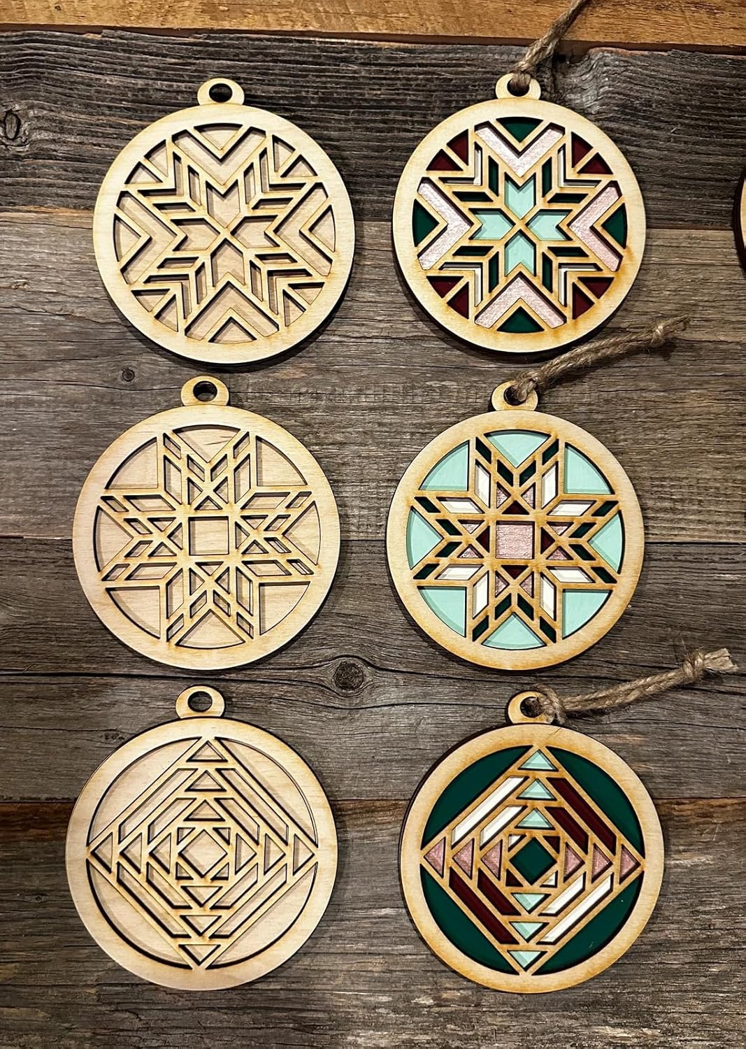 Set of geometric wooden ornaments on a wooden surface