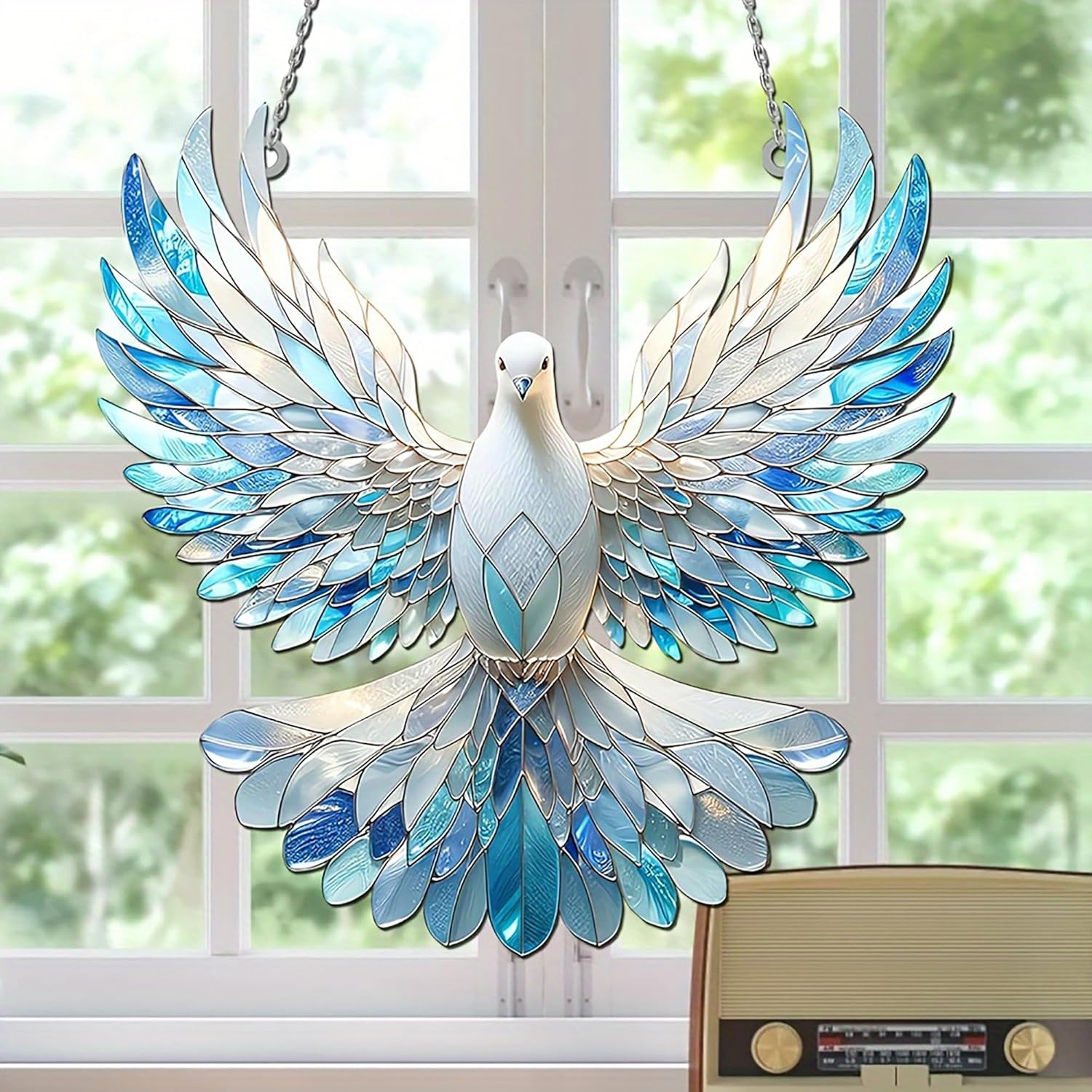 Decorative stained glass dove hanging in front of a window with greenery outside.