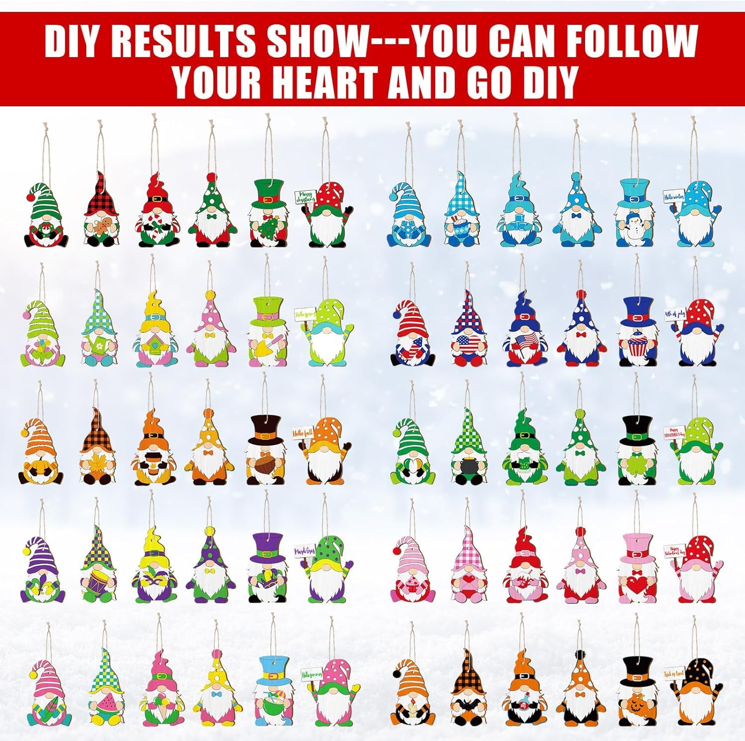 Collection of colorful gnome ornaments with text about DIY.