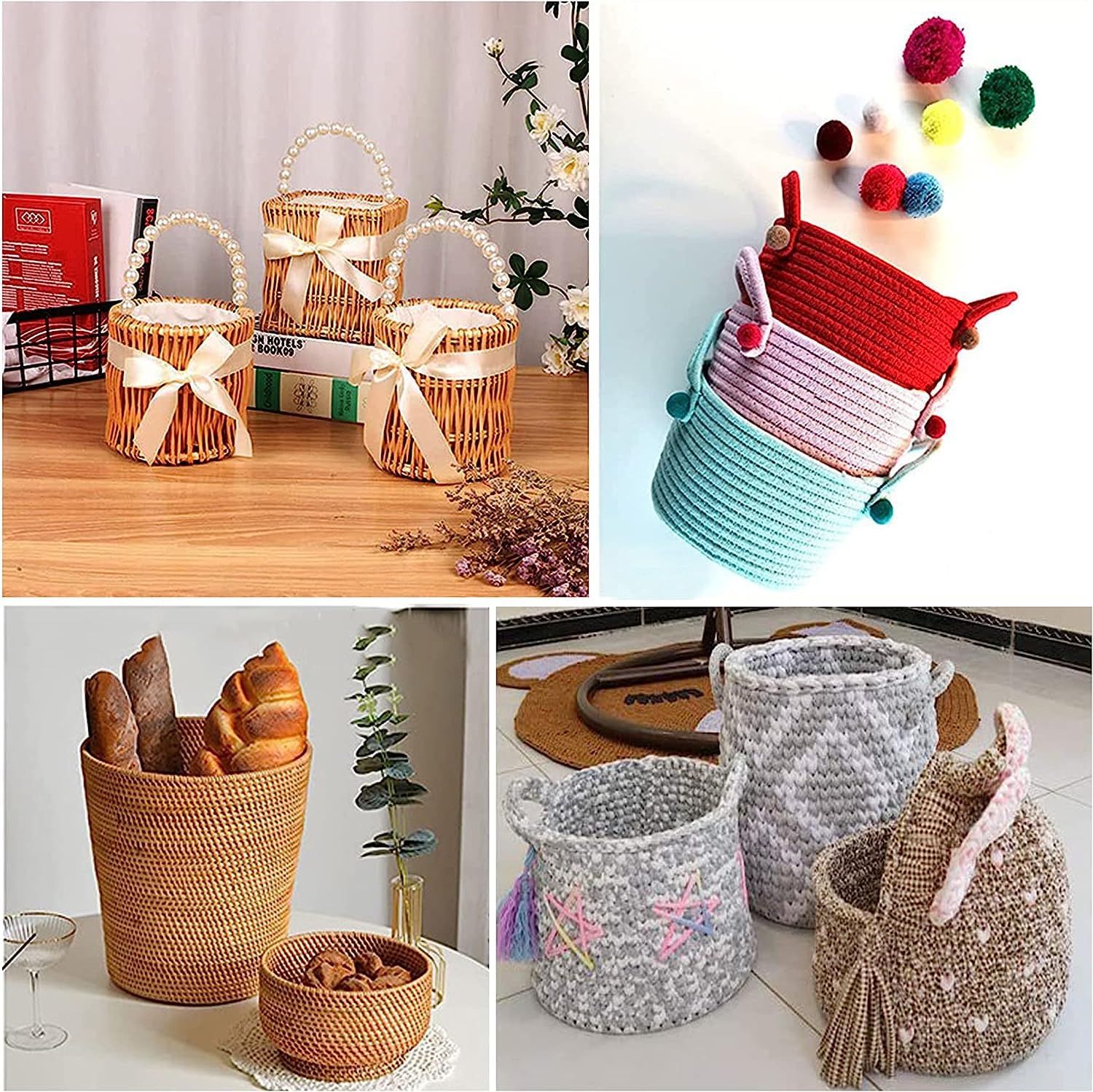 Collage of various woven baskets in different styles and settings.