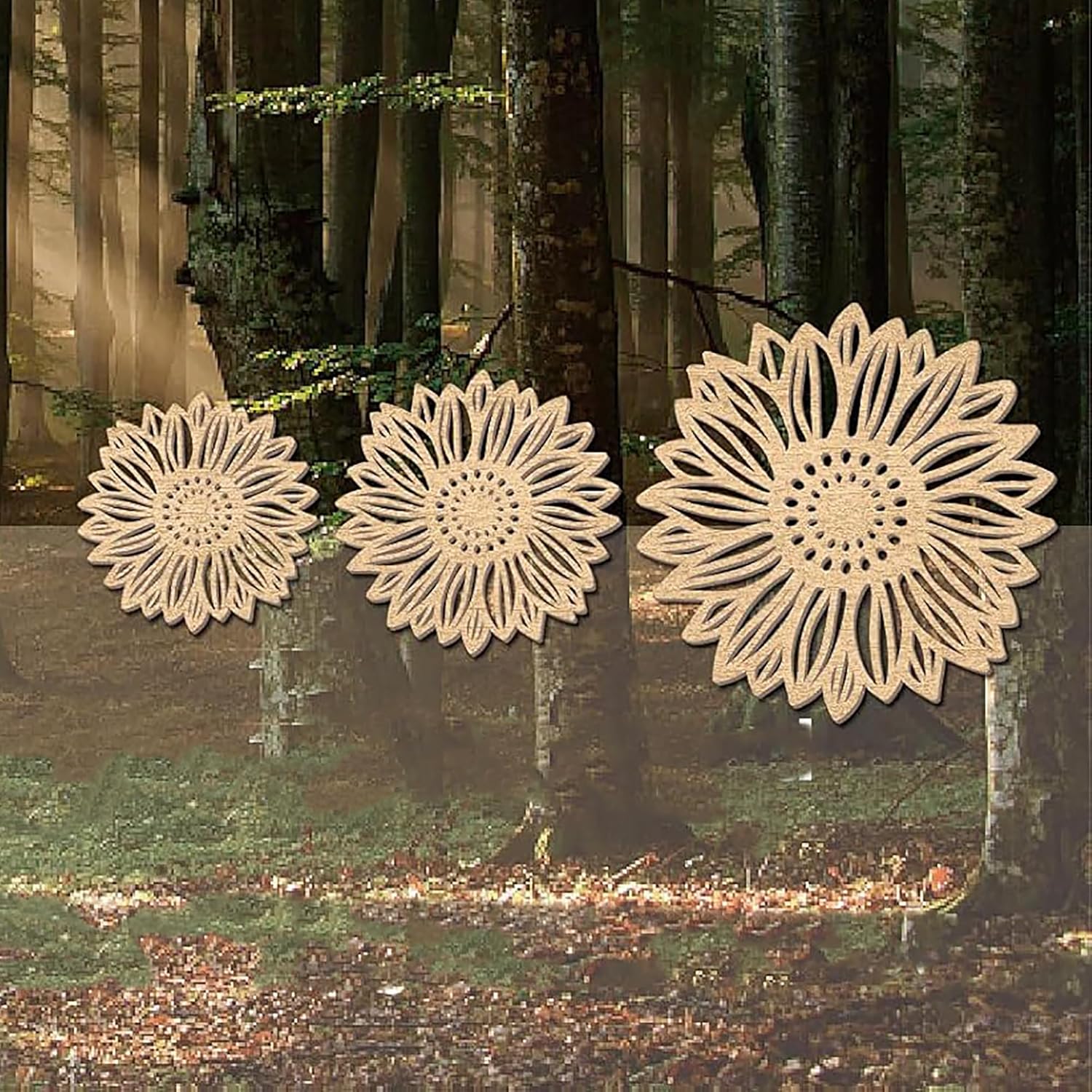 Three sunflower-shaped decorative items on a stone surface with a forest background