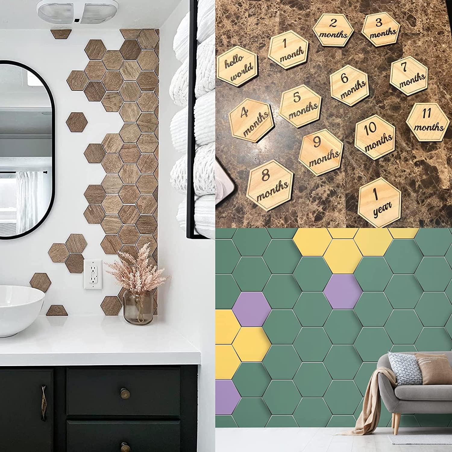 Hexagonal tile wall art in various styles and colors.