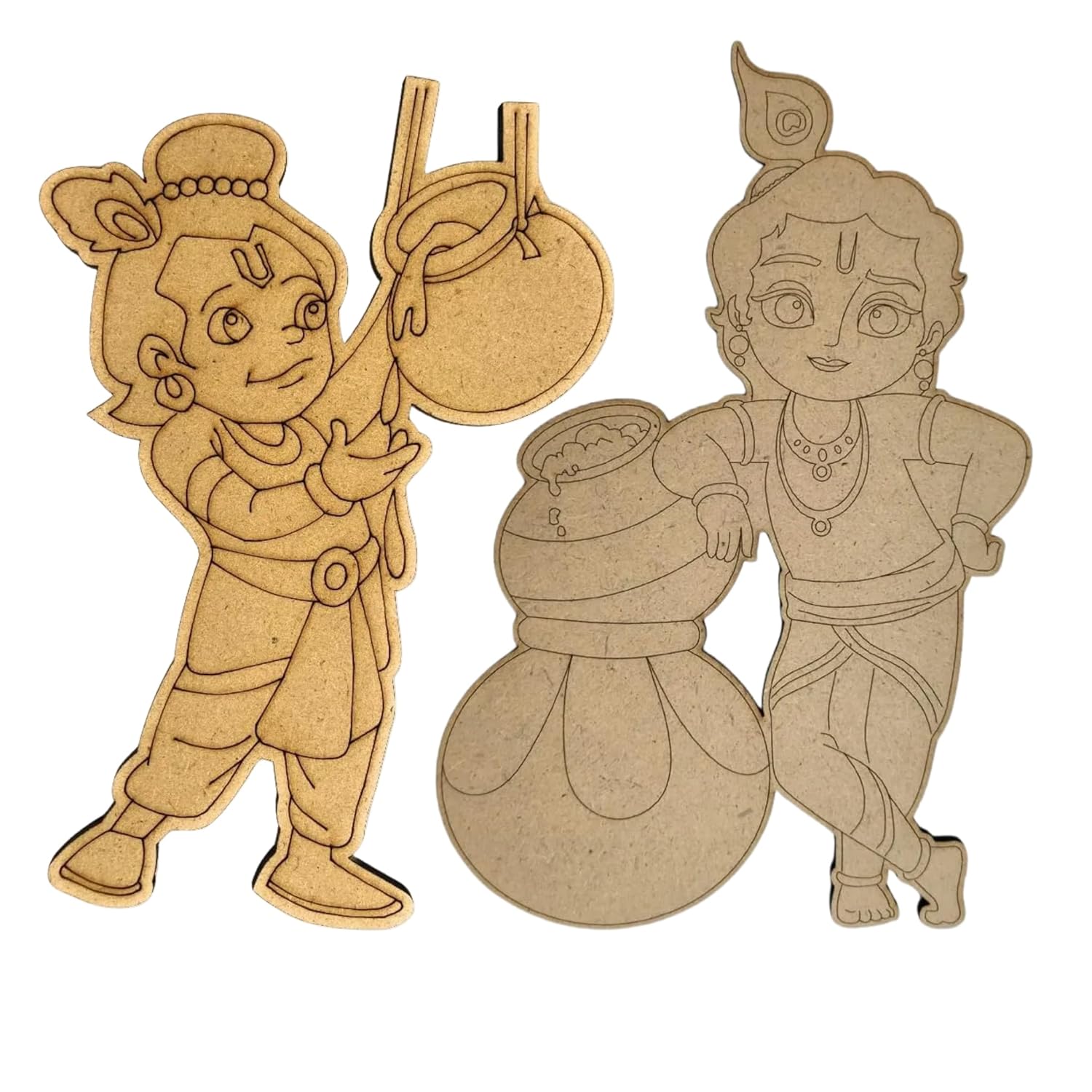 Two wooden cutouts of a cartoon character holding a pot and a bowl on a white background.