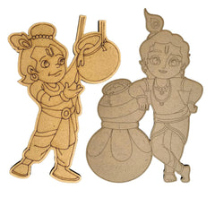 Two wooden cutouts of a cartoon character holding a pot and a bowl on a white background.