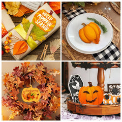 Collage of Halloween and autumn-themed decorations including a pumpkin, leaves, and decorative items.