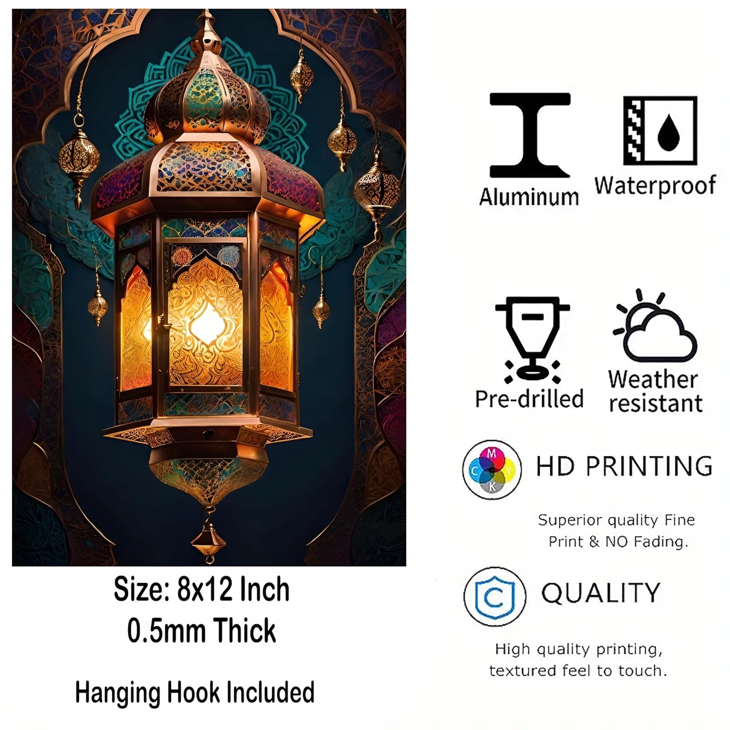 Decorative lantern with features listed on the right