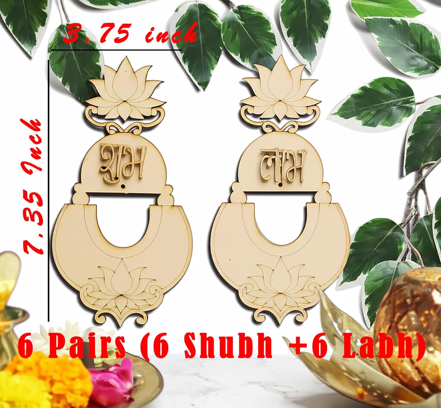Pair of gold earrings with 'Shubh' and 'Labh' text on a white background with green leaves.