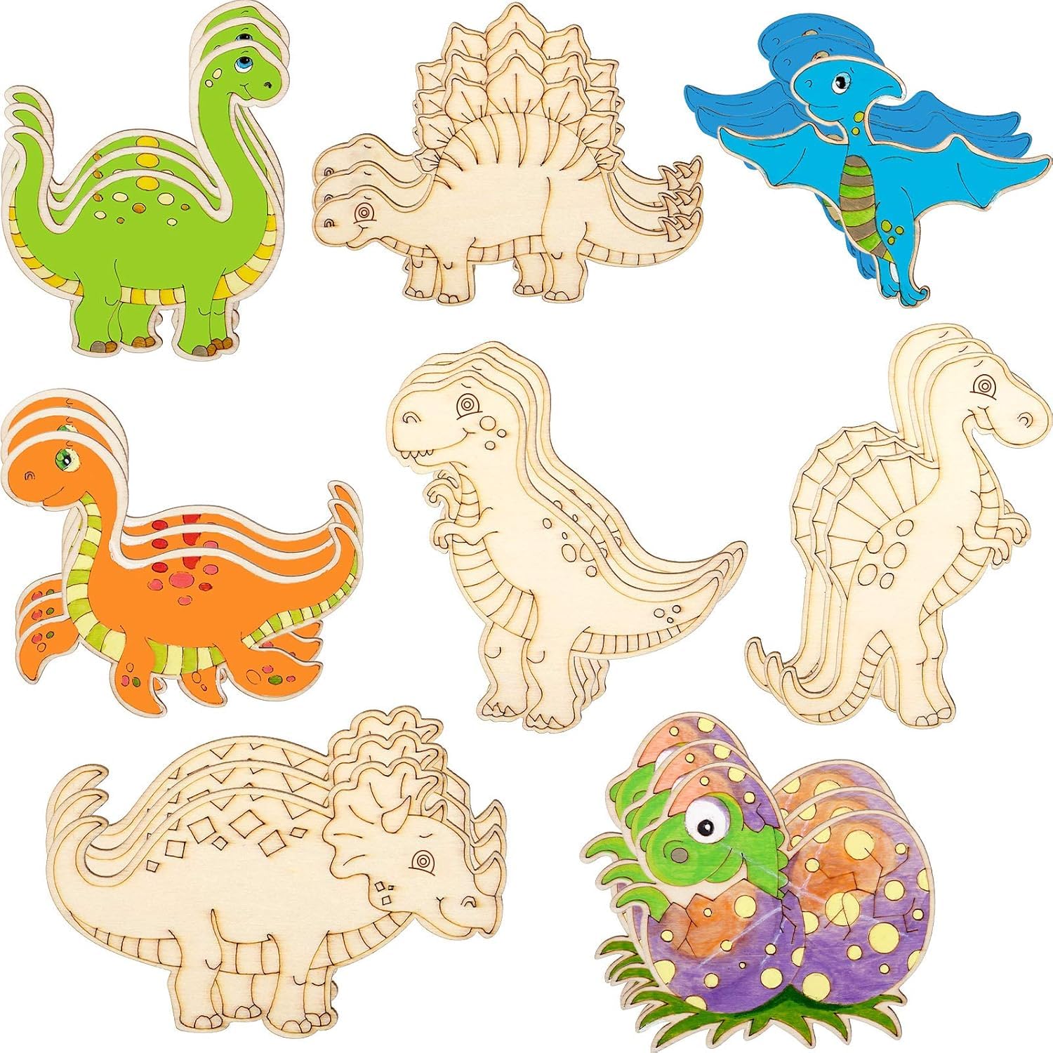 Set of colorful dinosaur-shaped wooden puzzles on a white background