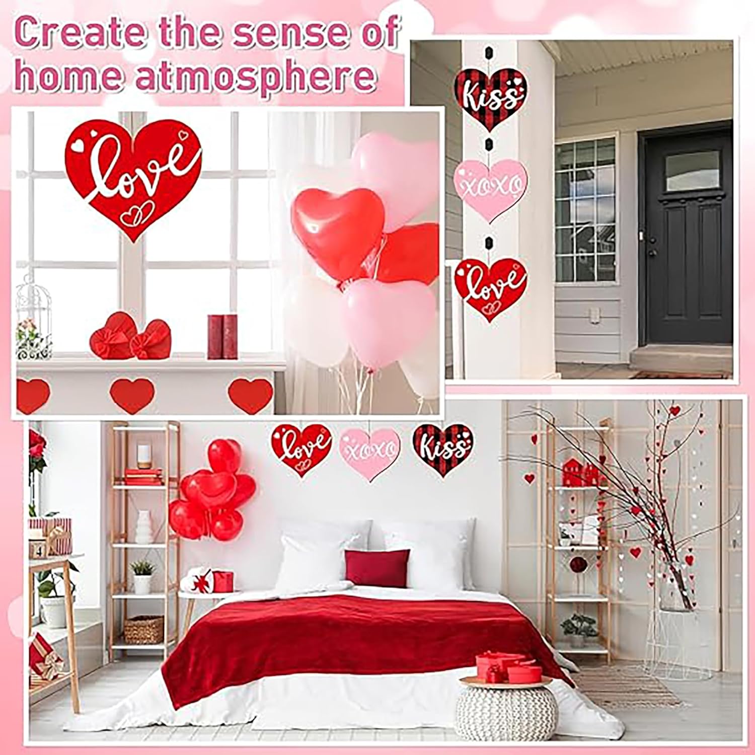 Decorative elements for creating a home atmosphere with heart-shaped balloons and signs.