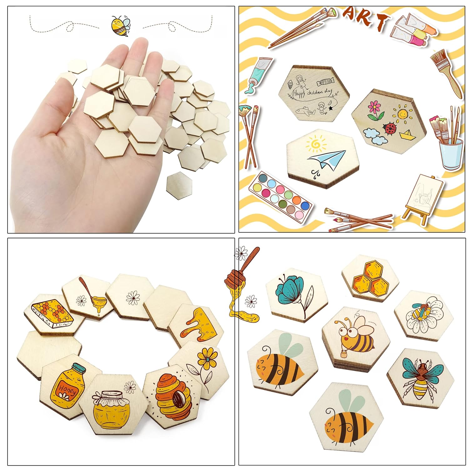 Hexagonal wooden tiles with bee and flower designs, used for arts and crafts.