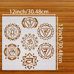Sheet of chakra symbols with measurements on a wooden background
