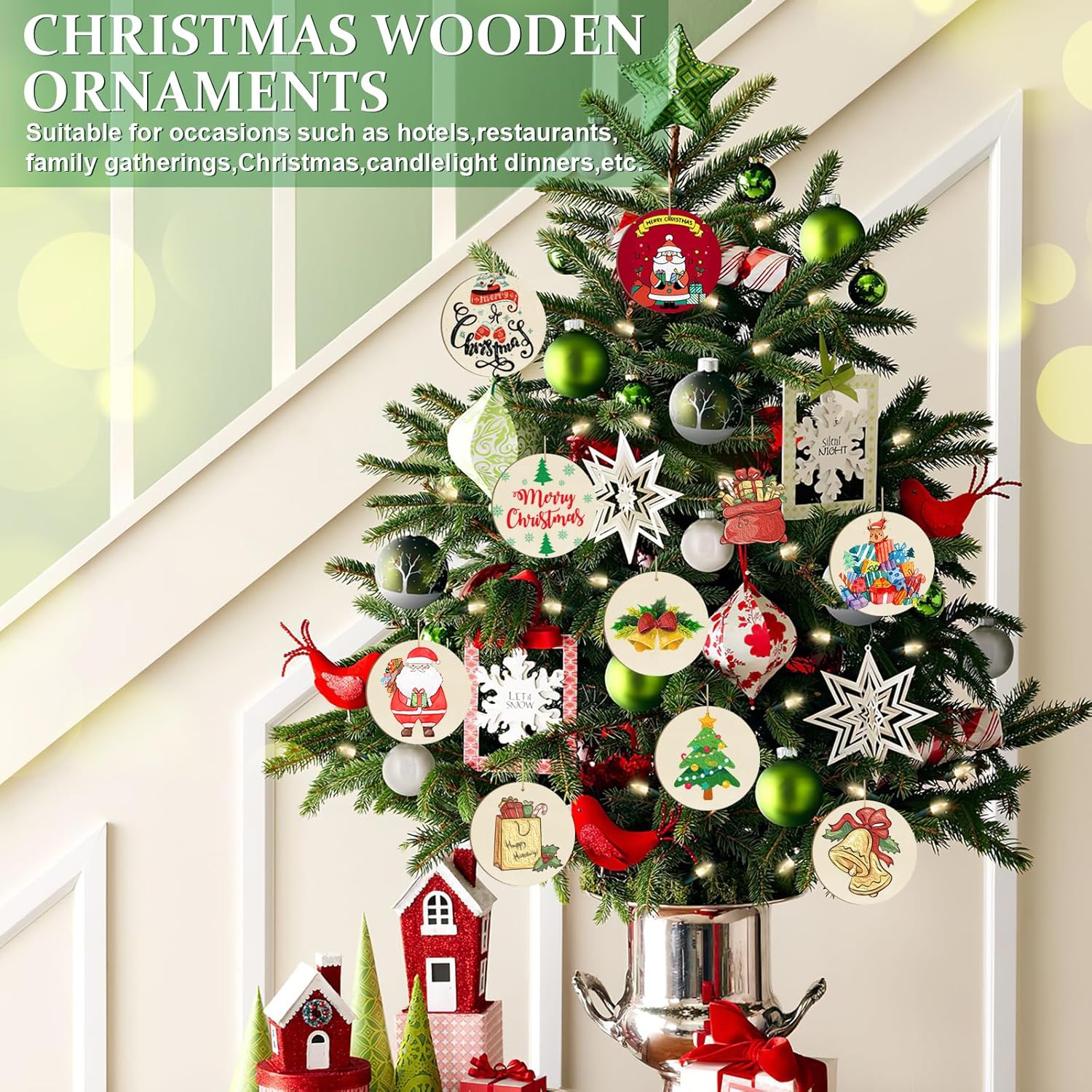 Decorative Christmas tree with wooden ornaments in a home setting