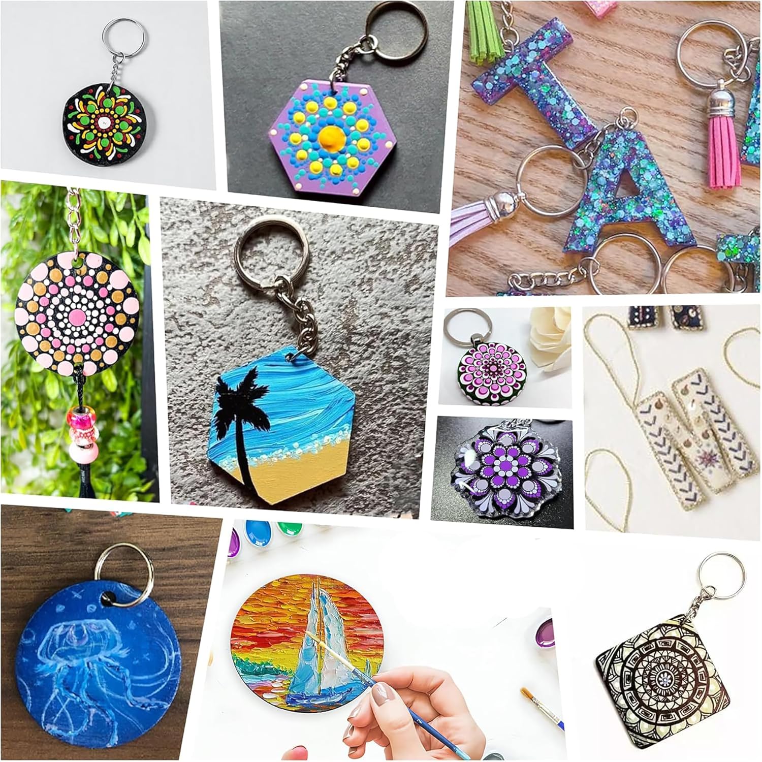 Collage of various colorful keychains and decorative items.