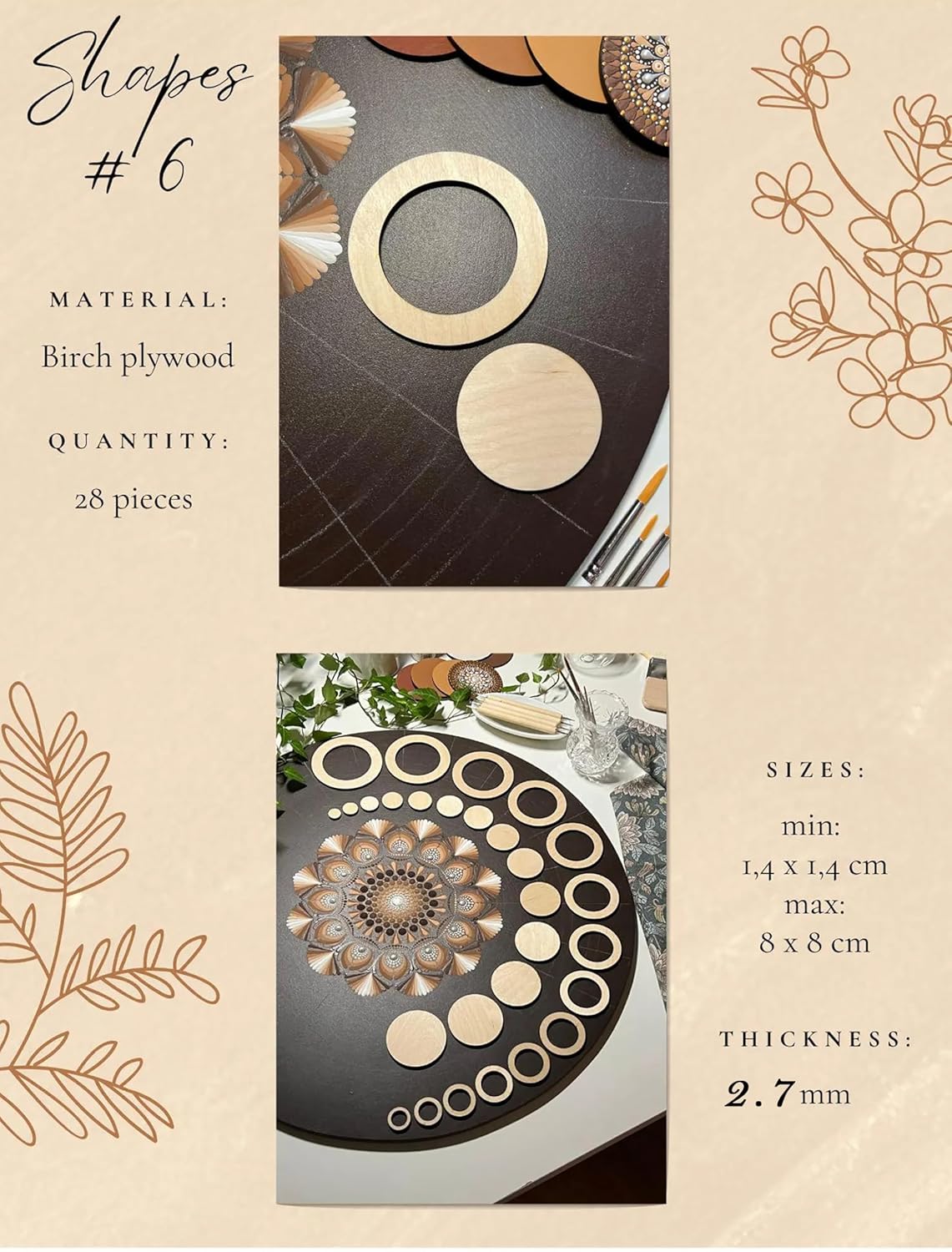 Birch plywood shapes with dimensions and material details on a decorative background