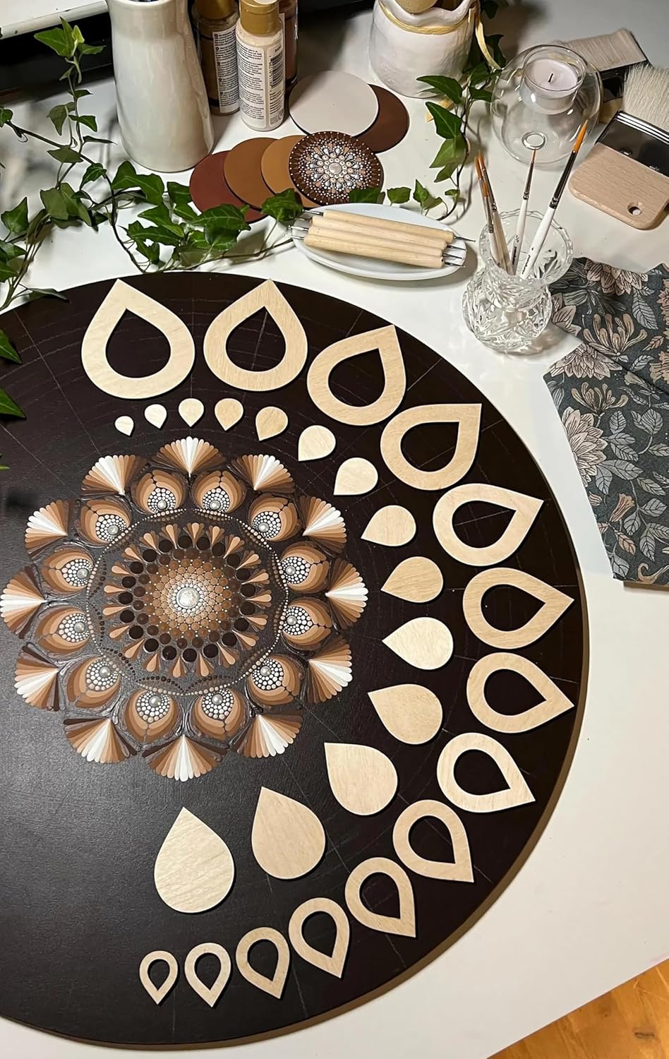 Decorative round mat with geometric pattern on a table
