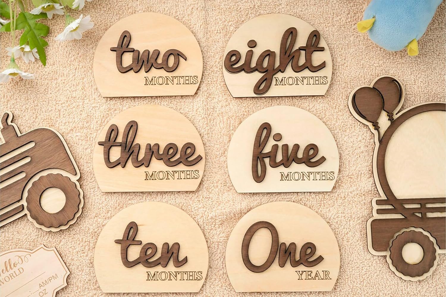 Wooden milestone markers for baby's first year with text indicating months.