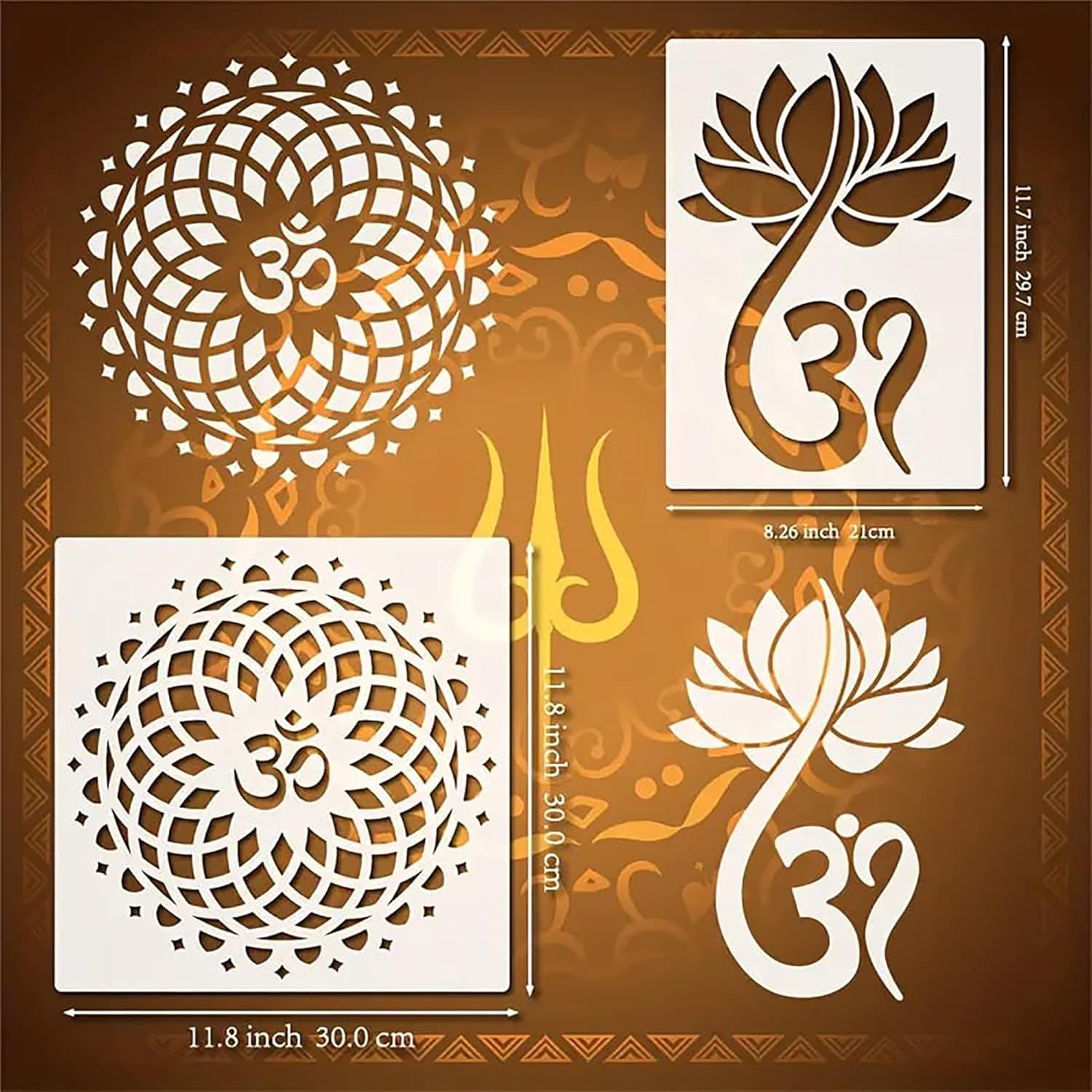 Set of decorative stencils with Om symbol and lotus design on a brown background