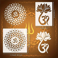Set of decorative stencils with Om symbol and lotus design on a brown background
