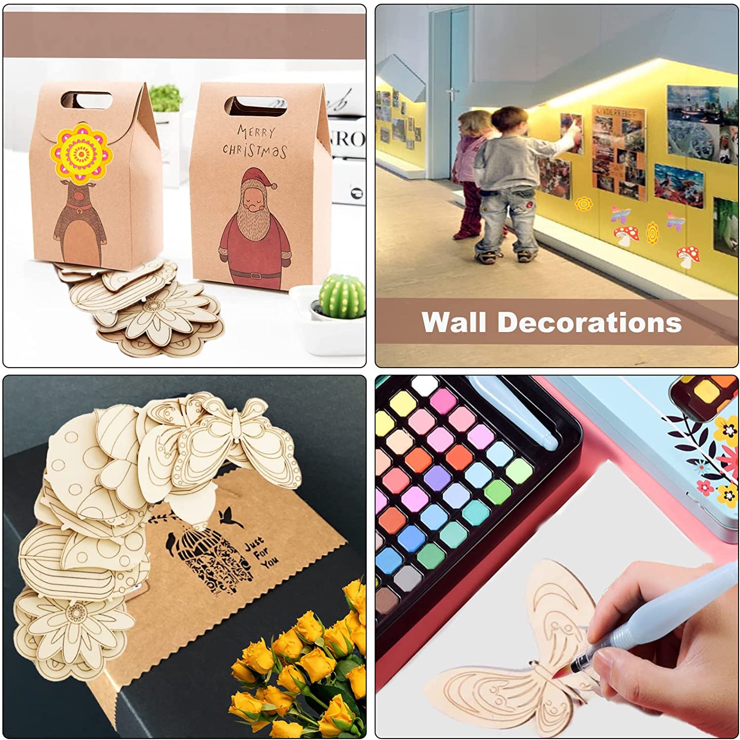 Collage of wooden wall decorations, children looking at pictures on a wall, and a person drawing on a wooden template.