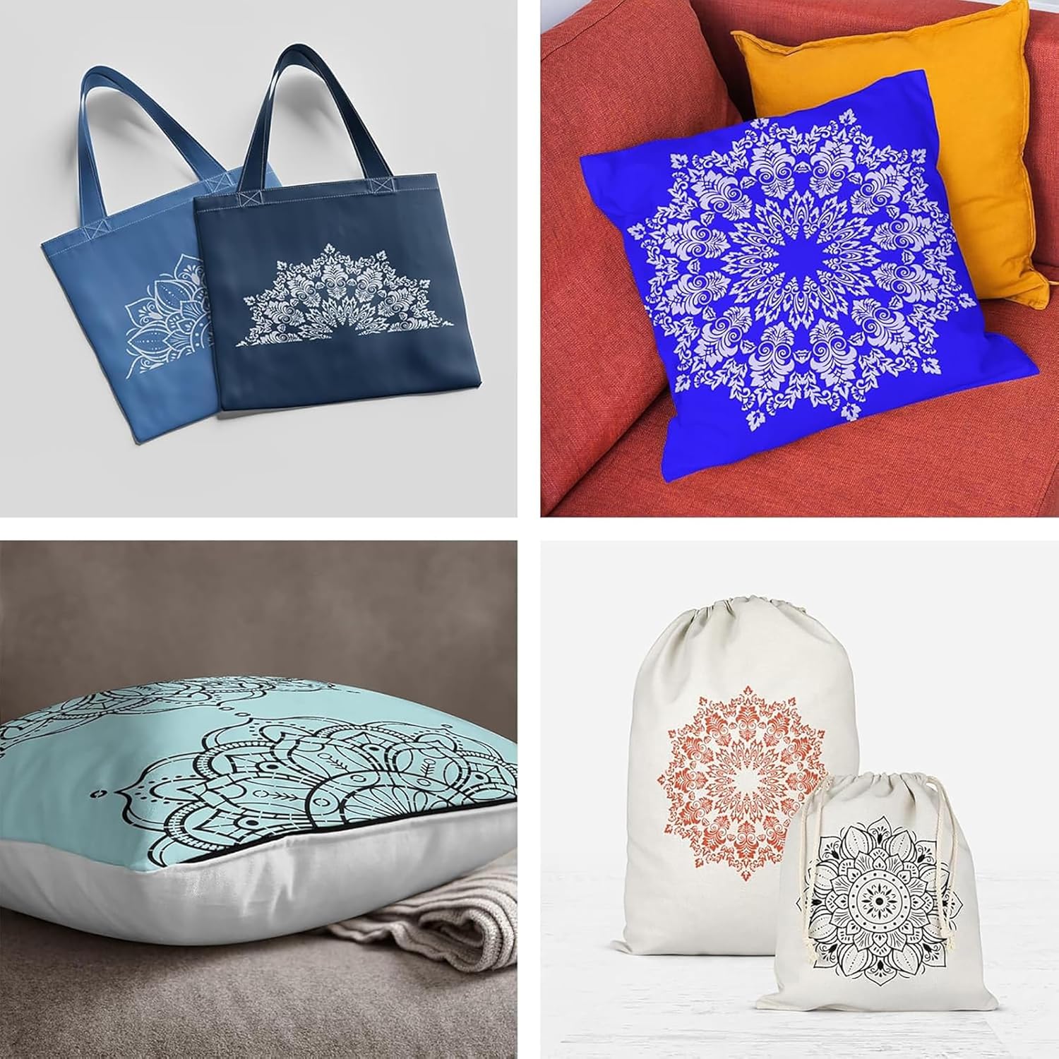 Collage of decorative items including tote bags, pillows, and a drawstring bag with mandala designs.