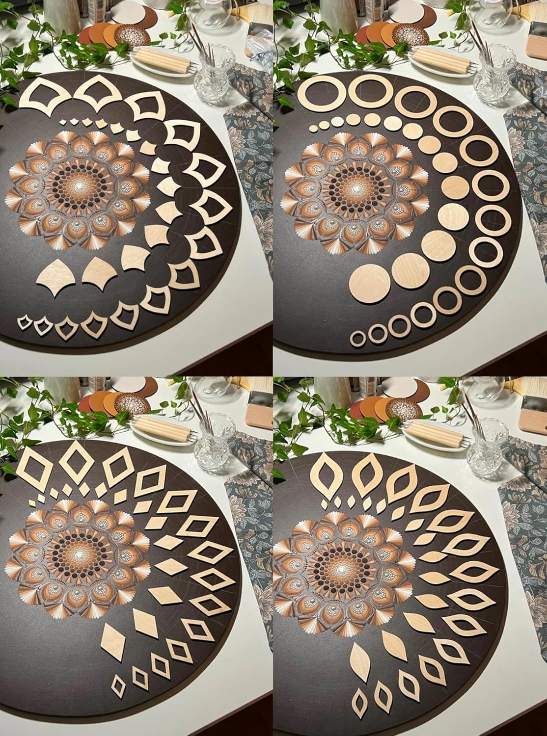 Four different designs of a decorative table mat on a table setting.