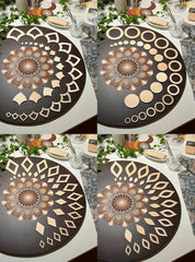 Four different designs of a decorative table mat on a table setting.