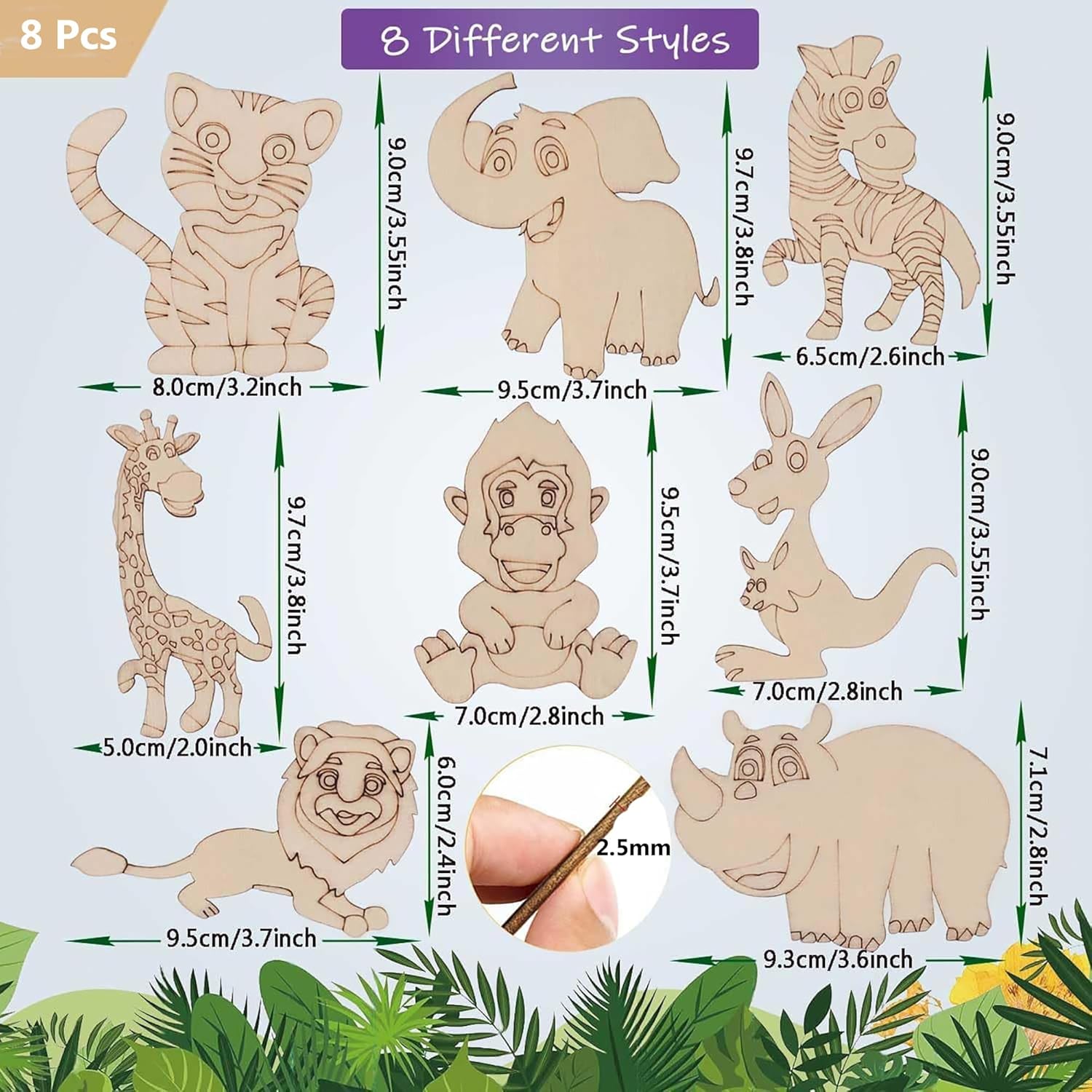8 different animal-shaped wooden cutouts with dimensions and a small stick for scale on a white background.