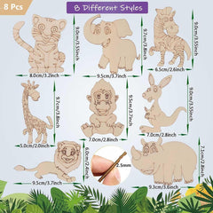 8 different animal-shaped wooden cutouts with dimensions and a small stick for scale on a white background.