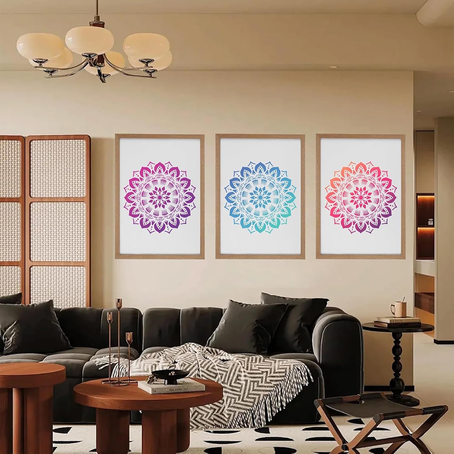 Living room with a gray sofa, wooden coffee table, and wall art featuring colorful mandalas.