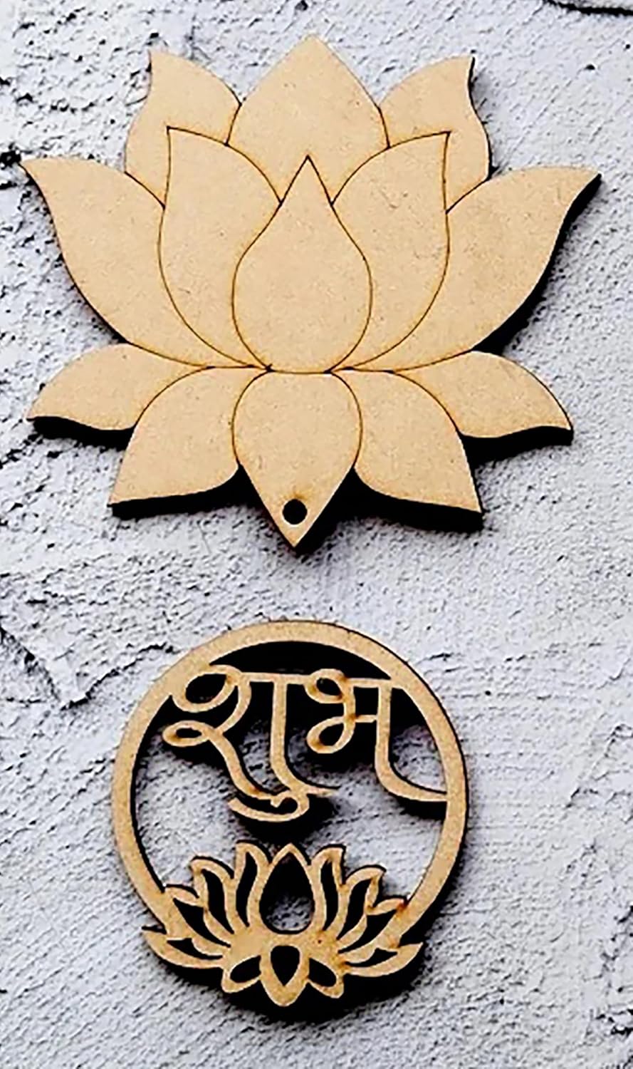 Wooden lotus flower and circular design with engraved text on a textured surface