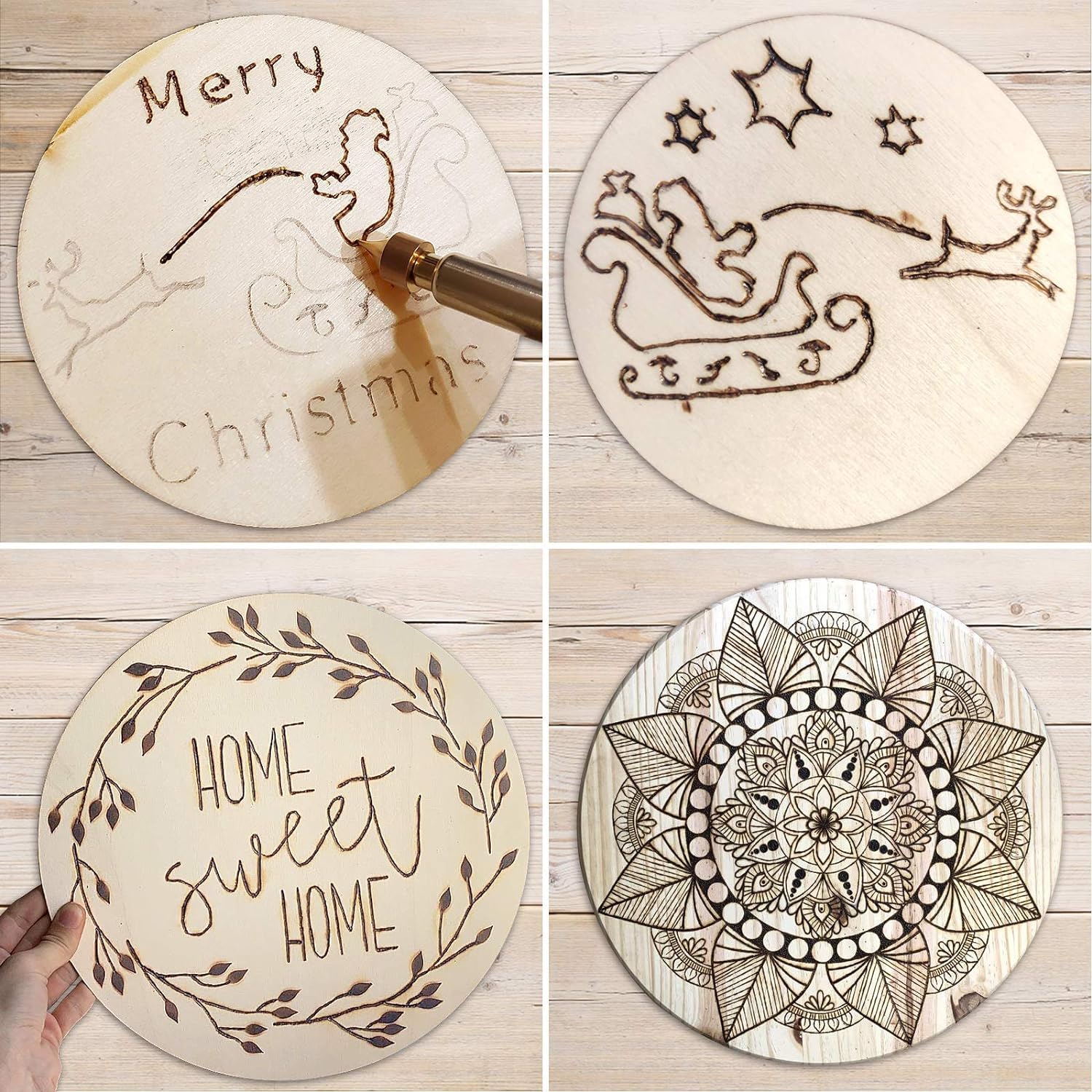 Four wooden coasters with different designs and text on a wooden surface.