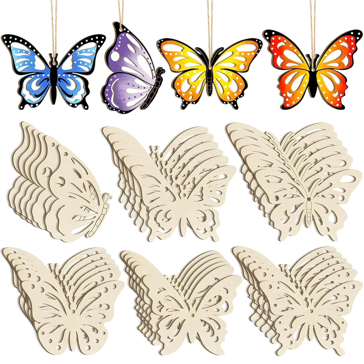 Colorful butterfly decorations and beige butterfly wings on a white background
