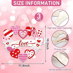 Heart-shaped wooden decorations with 'love' text on a pink background, featuring size information and material details.