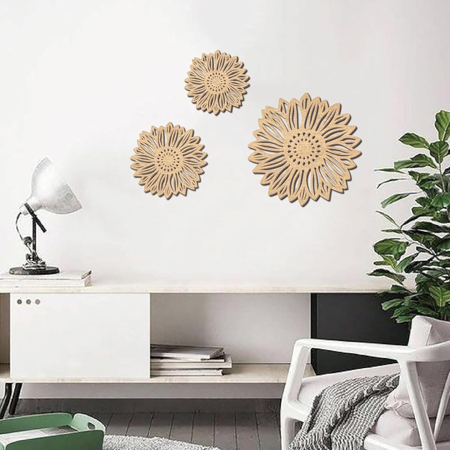 Decorative sunflower wall art on a white wall with a modern interior setting.
