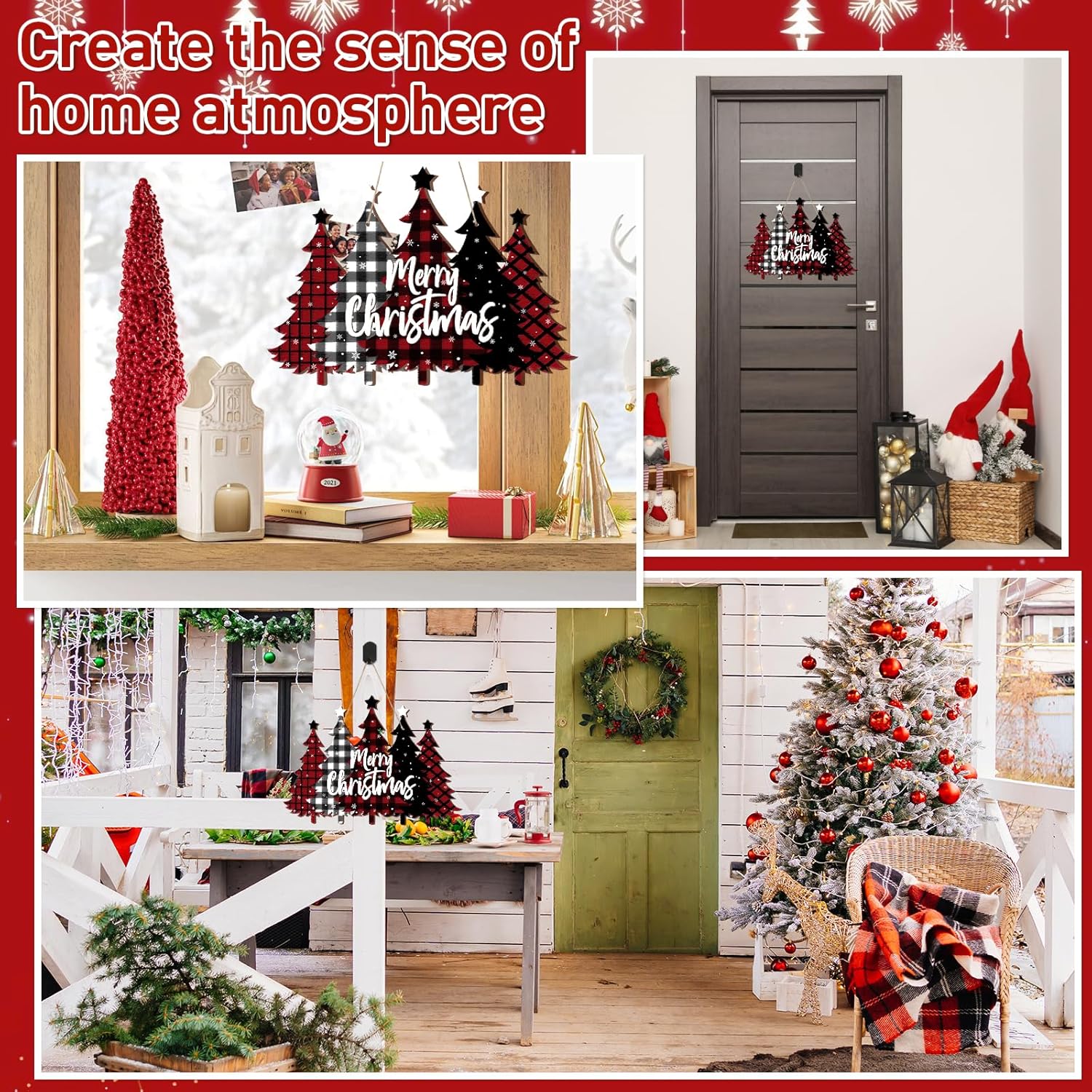 Collage of Christmas-themed home decor including trees, wreaths, and festive decorations.