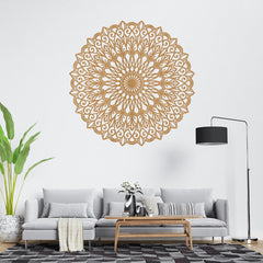 Decorative wall mandala in a living room setting with a sofa, coffee table, and lamp.