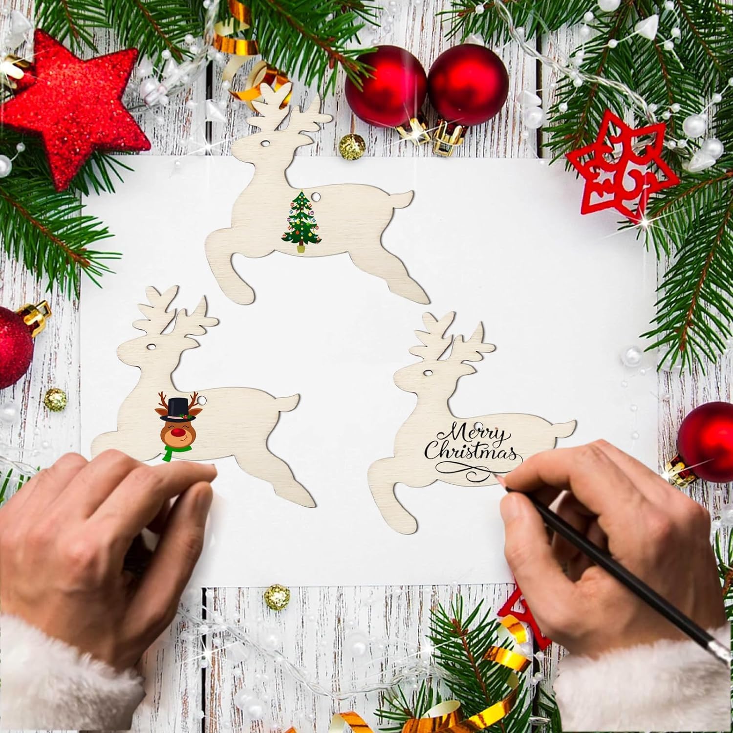 Wooden reindeer ornaments with decorative elements on a festive background