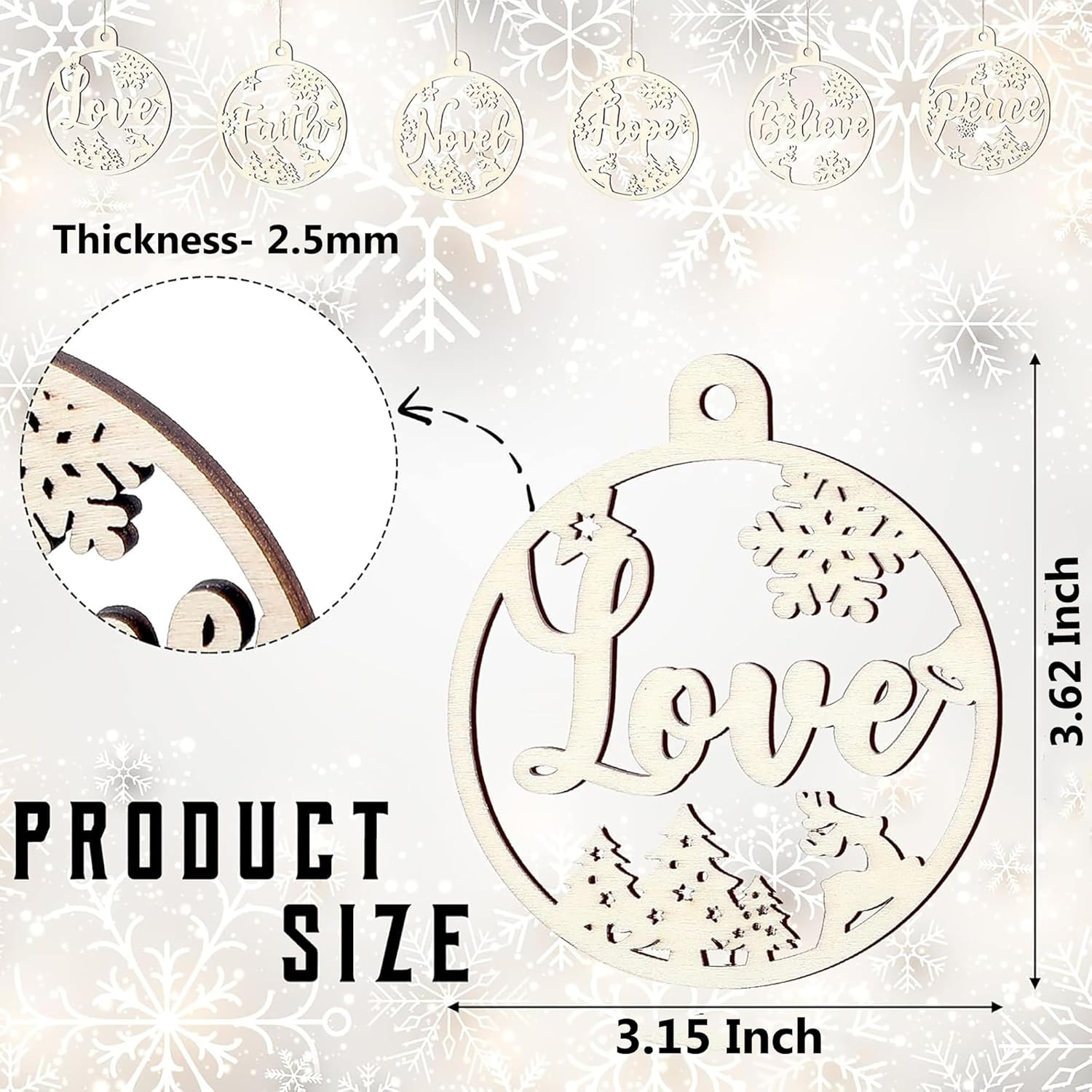Decorative metal pendant with 'Love' engraving and product size details on a snowy background.