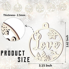 Decorative metal pendant with 'Love' engraving and product size details on a snowy background.