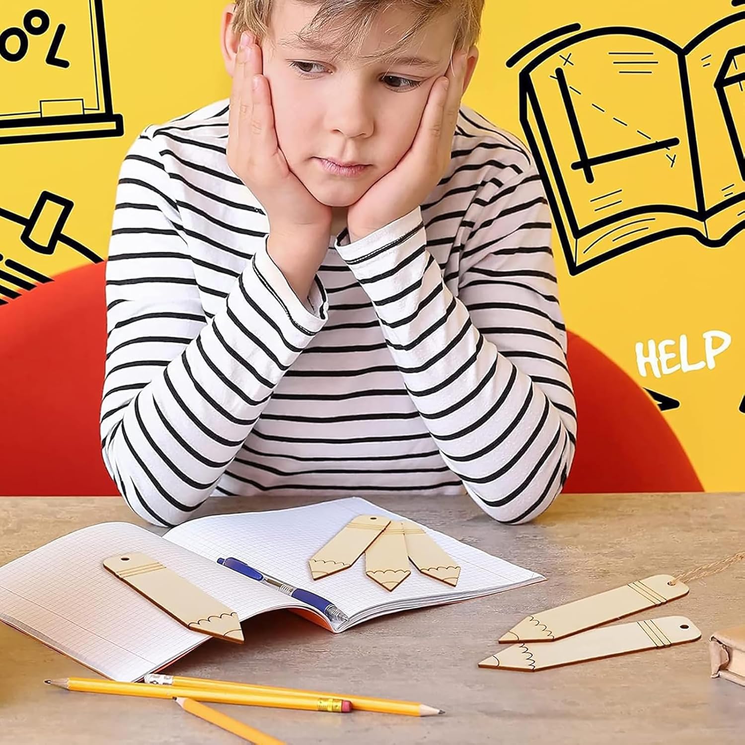 Child sitting at a table with school supplies, looking bored or frustrated, against a yellow background with educational illustrations.