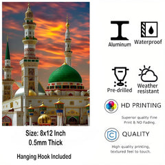 Decorative wall art of a mosque with sunset sky, featuring durability and quality attributes.