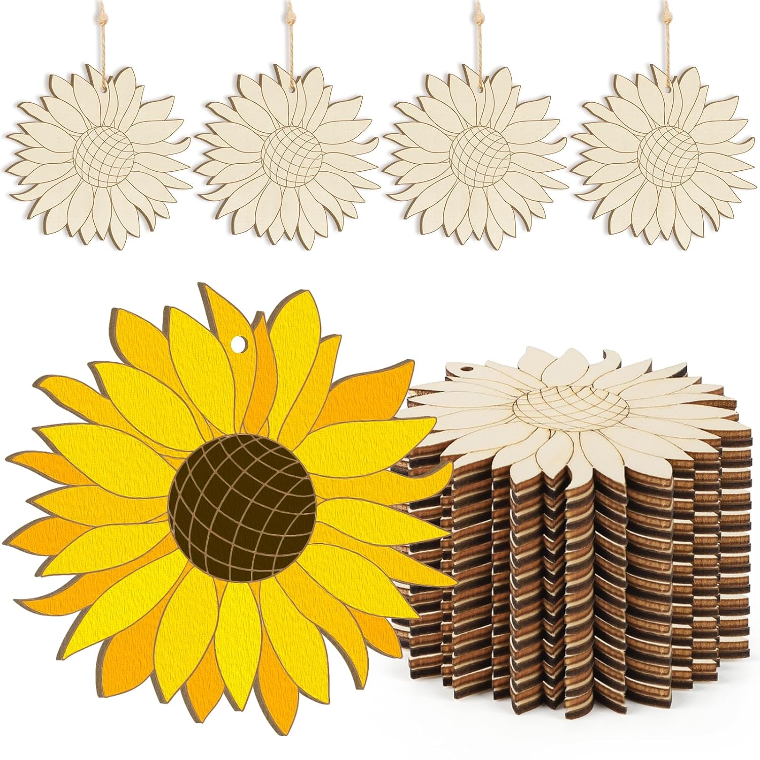 Wooden sunflower decorations with a stack of additional sunflower shapes on a white background.