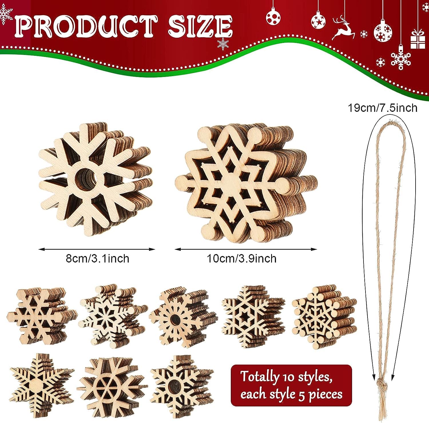 Wooden snowflake ornaments with product size details on a festive background