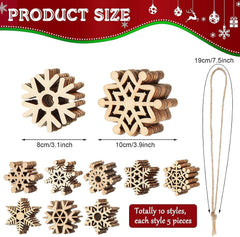 Wooden snowflake ornaments with product size details on a festive background