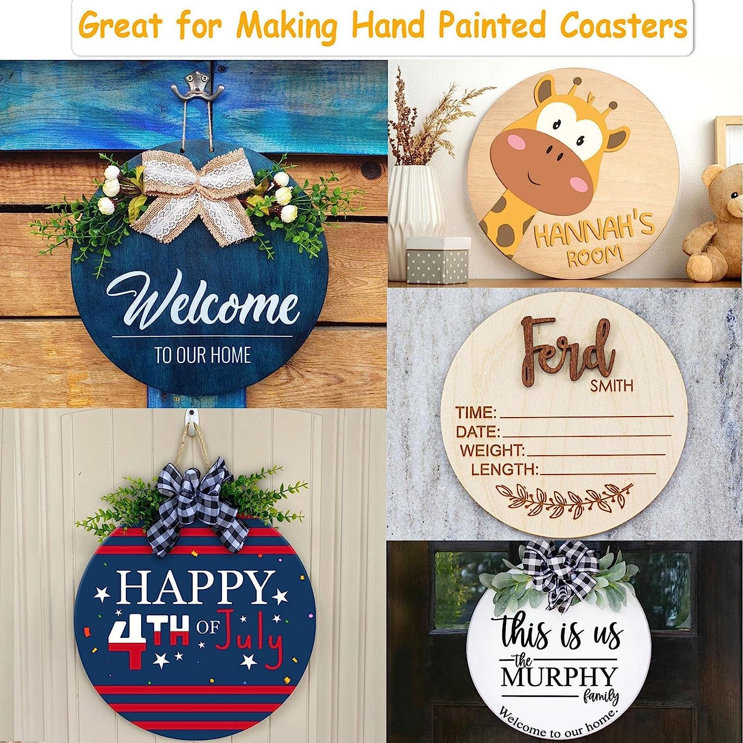 Collage of wooden signs with decorative elements and text, suitable for making hand-painted coasters.