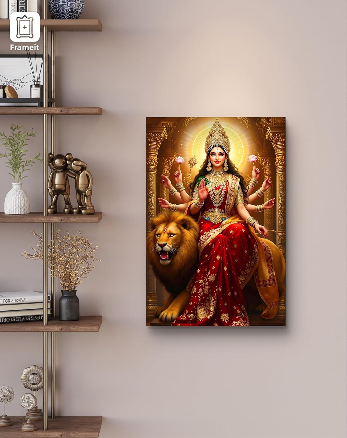 Decorative wall art of a deity on a lion with a shelf in the background
