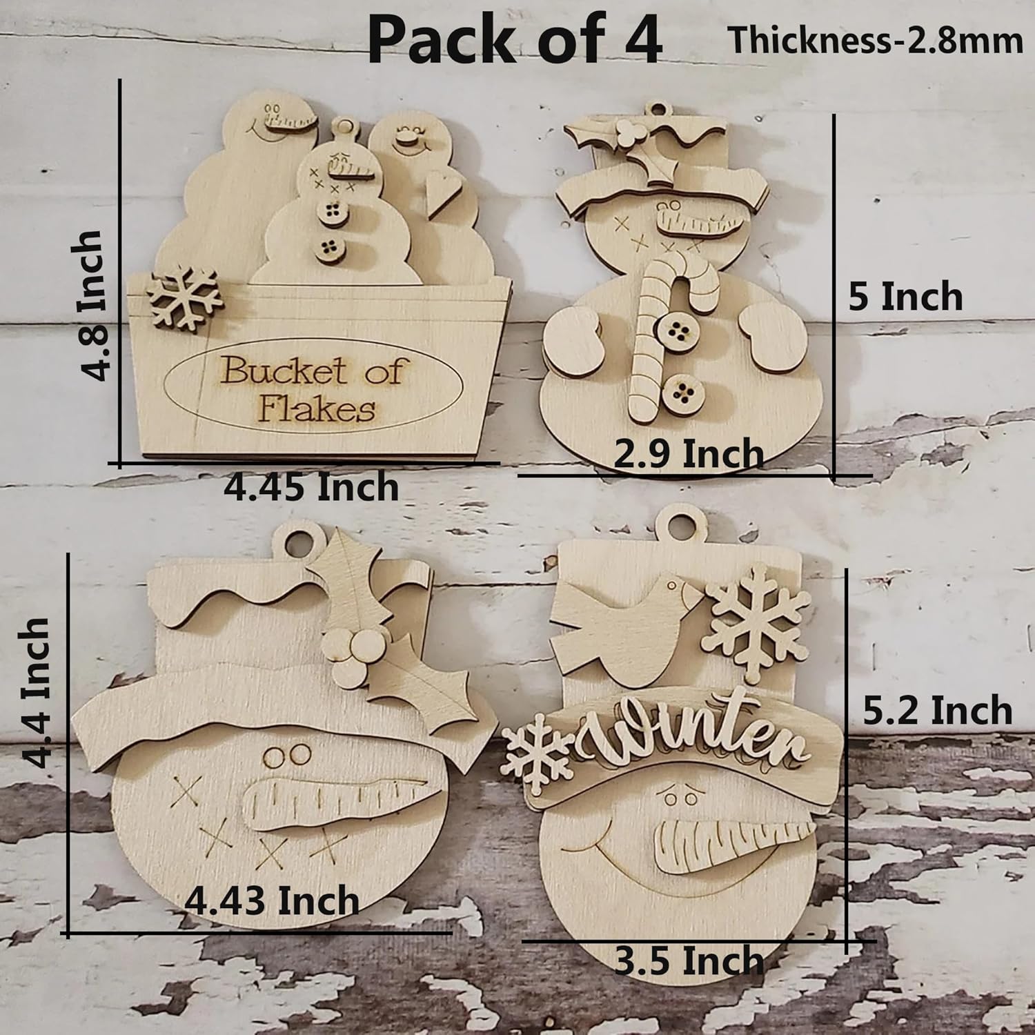 Pack of 4 wooden Christmas ornaments with measurements on a wooden background