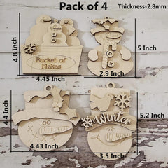 Pack of 4 wooden Christmas ornaments with measurements on a wooden background