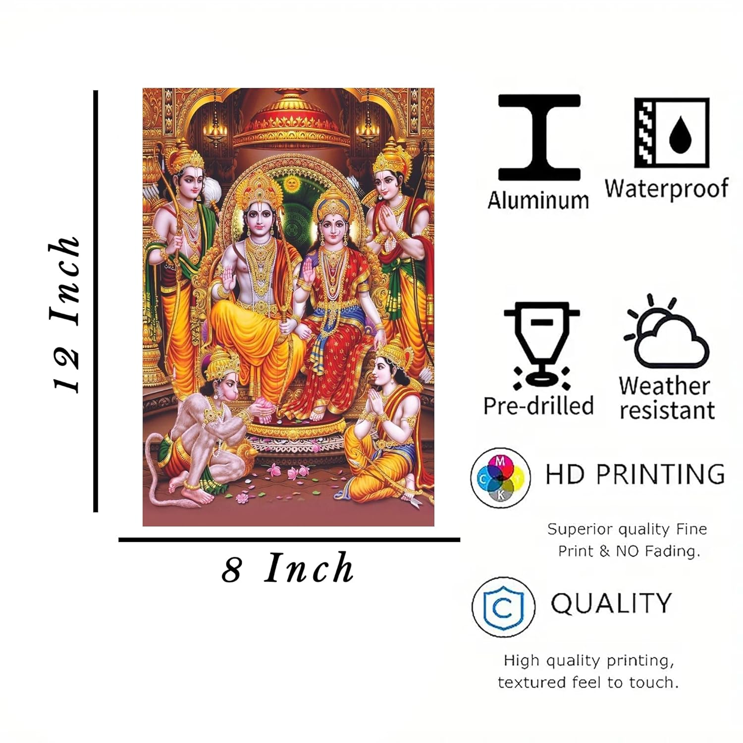 Decorative panel with religious artwork, size 8x12 inches, featuring waterproof, pre-drilled, weather-resistant, HD printing, and high-quality quality attributes.